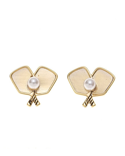 Gold Pickleball Pearl Double Paddle Stud Earrings