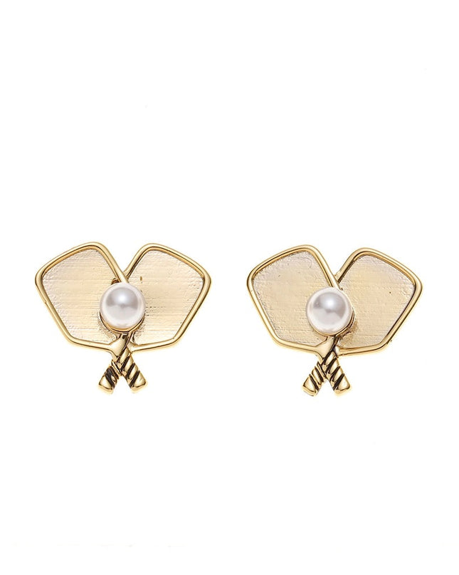 Gold Pickleball Pearl Double Paddle Stud Earrings