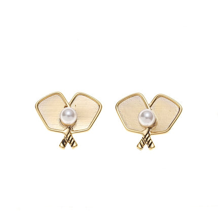 Gold Pickleball Pearl Double Paddle Stud Earrings