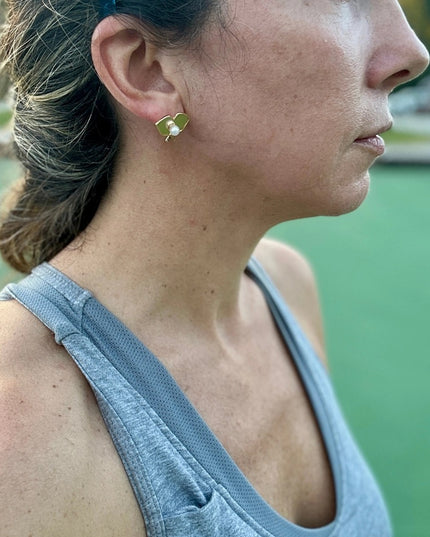 Gold Pickleball Pearl Double Paddle Stud Earrings