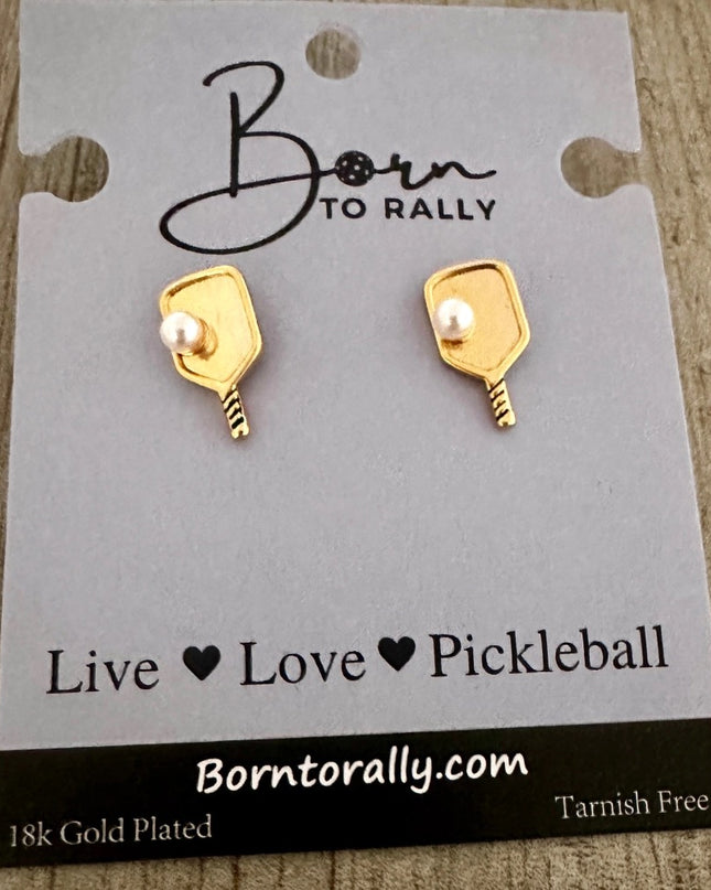 Gold Pickleball Pearl Stud Earrings