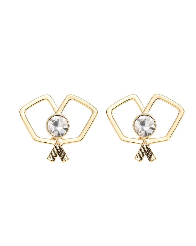Gold Double Pickleball Paddle Cz Stud Earrings