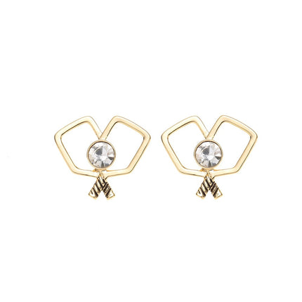 Gold Double Pickleball Paddle Cz Stud Earrings