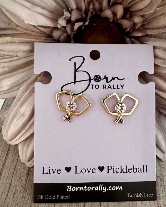 Gold Double Pickleball Paddle Cz Stud Earrings