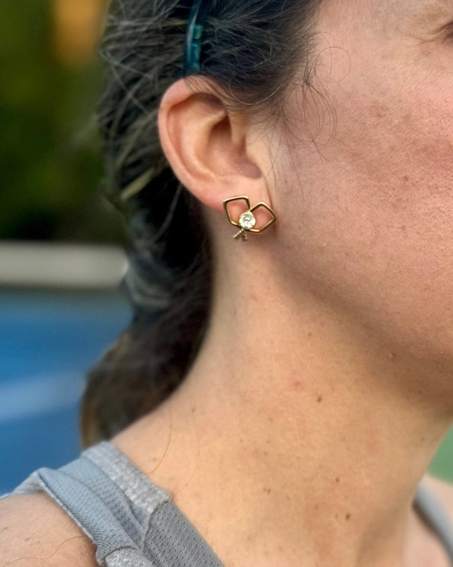 Gold Double Pickleball Paddle Cz Stud Earrings