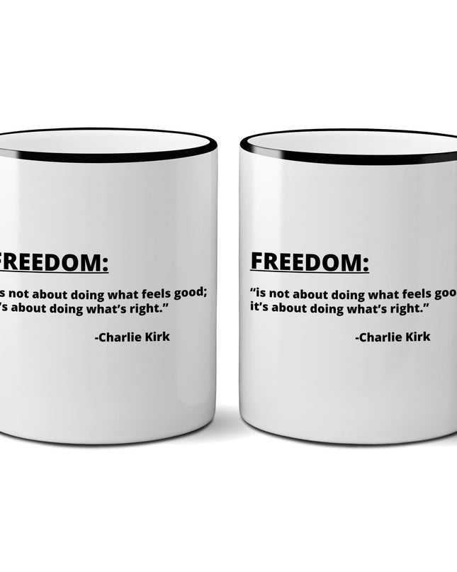 Two white mugs with black handles and text FREEDOM on a white background