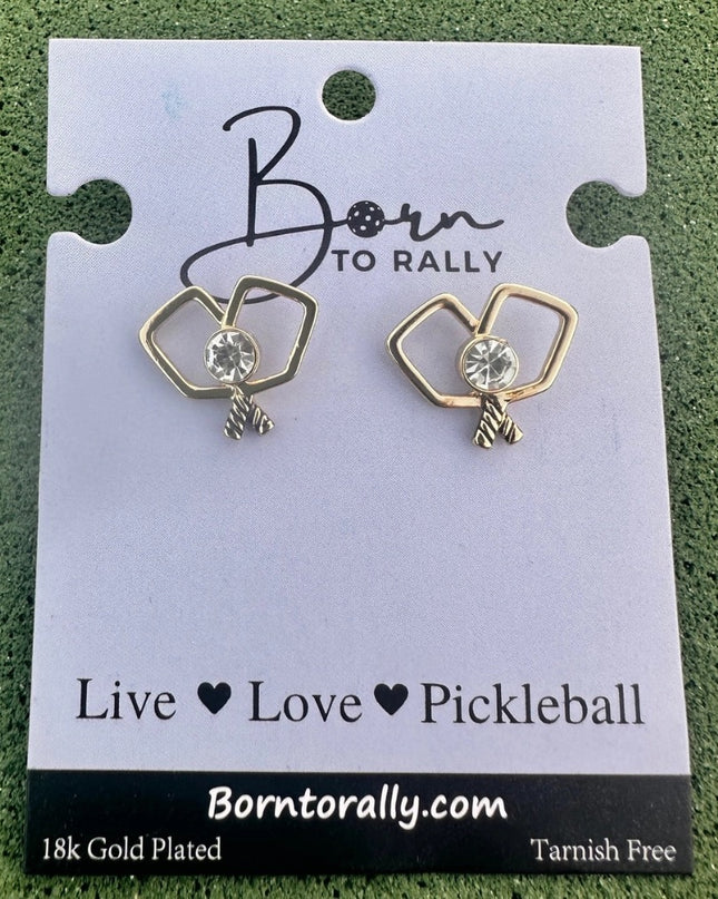 Gold Double Pickleball Paddle Cz Stud Earrings
