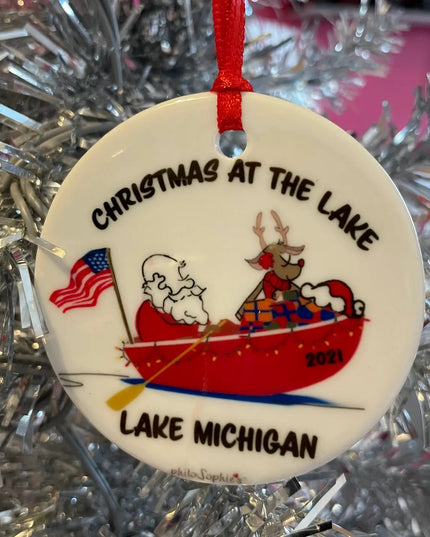 Santa over Lake & Mountains ornament Lake Norman