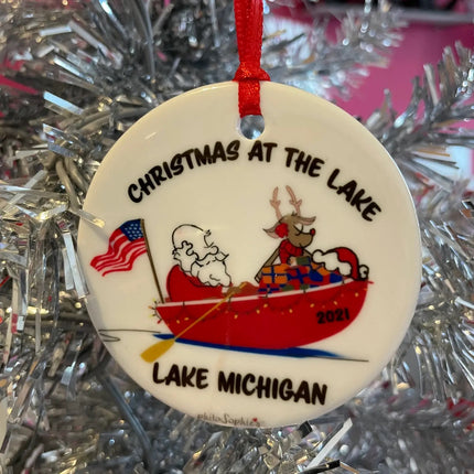 Santa over Lake & Mountains ornament Lake Norman