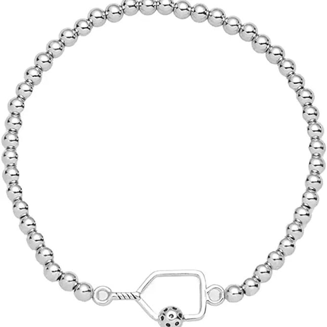 Pickleball Beaded Stretch Bracelet - Silver