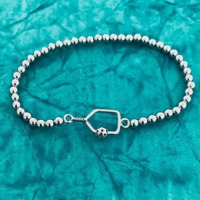 Pickleball Beaded Stretch Bracelet - Silver