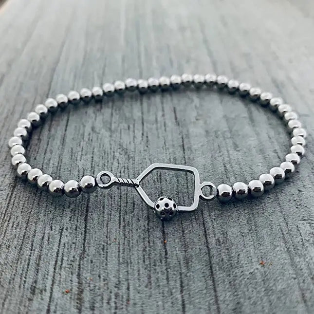 Pickleball Beaded Stretch Bracelet - Silver