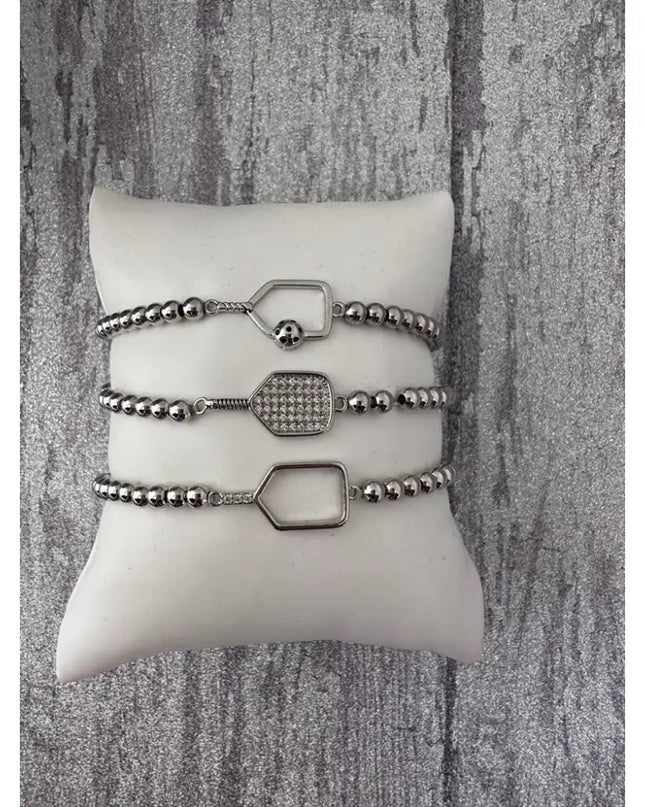 Pickleball Beaded Stretch Bracelet - Silver