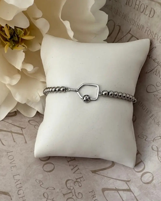 Pickleball Beaded Stretch Bracelet - Silver