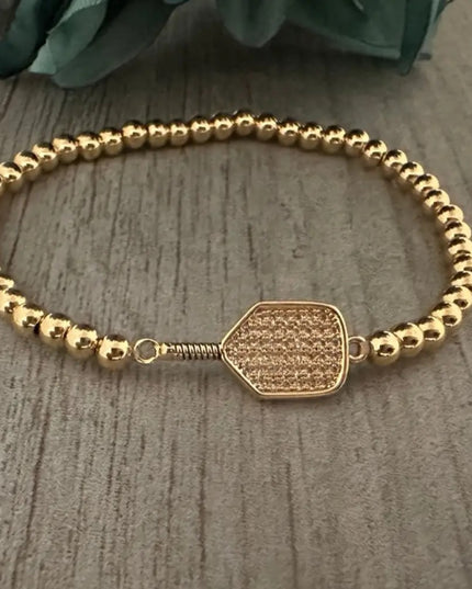 Pickleball Beaded Stretch Rhinestone Bracelet -Gold
