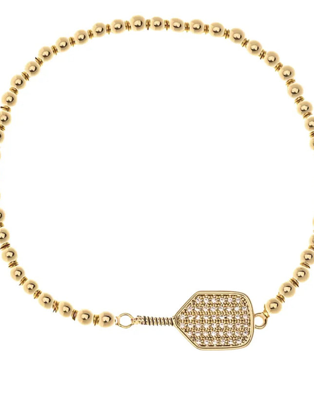 Pickleball Beaded Stretch Rhinestone Bracelet -Gold