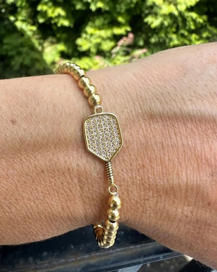 Pickleball Beaded Stretch Rhinestone Bracelet -Gold