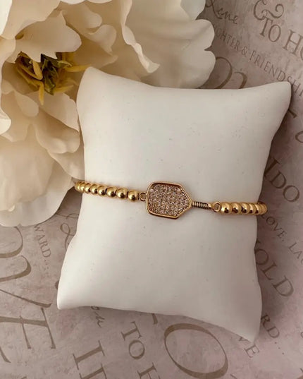 Pickleball Beaded Stretch Rhinestone Bracelet -Gold