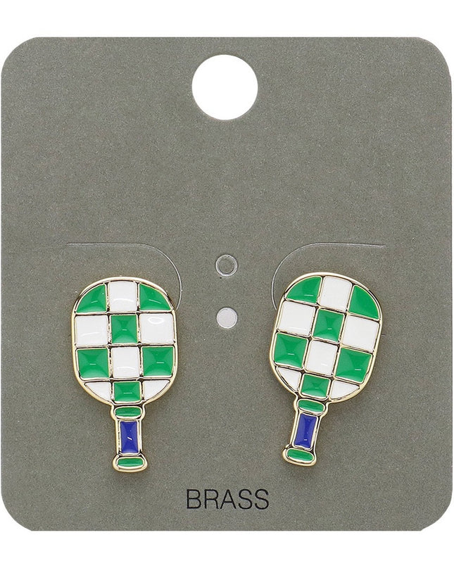 Check Enamel Pickleball Paddle Stud Earrings