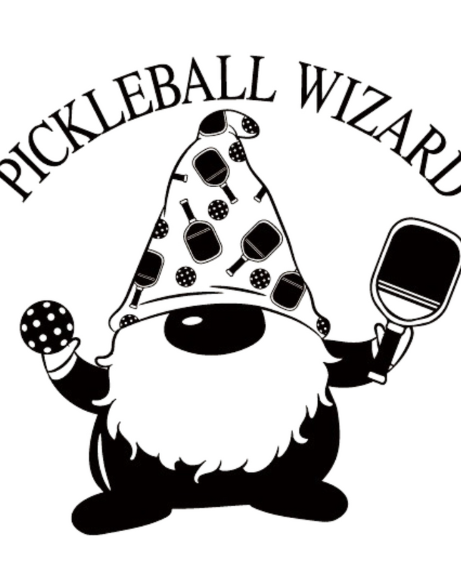 Gnome character with pickleball equipment and 'Pickleball Wizard' text on a white background