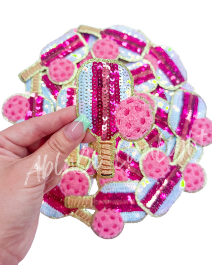 Pink Pickleball Paddle Sequins Glitter Iron On Patch