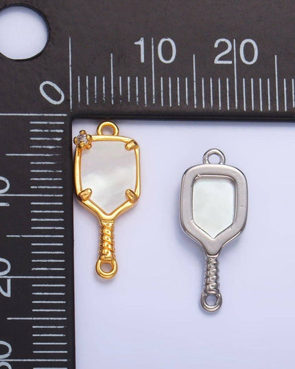 24K Gold Filled CZ Shell Pearl Pickle Ball Racket Pendant in Gold & Silver | F730