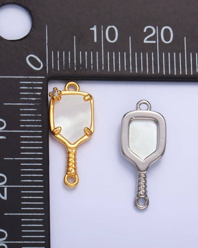 24K Gold Filled CZ Shell Pearl Pickle Ball Racket Pendant in Gold & Silver | F730