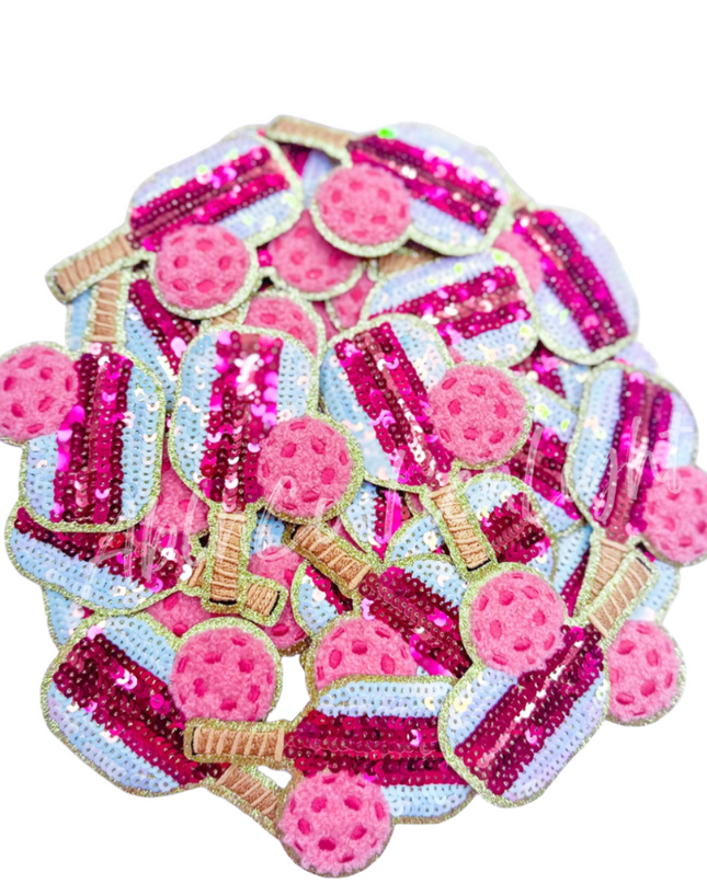 Pink Pickleball Paddle Sequins Glitter Iron On Patch