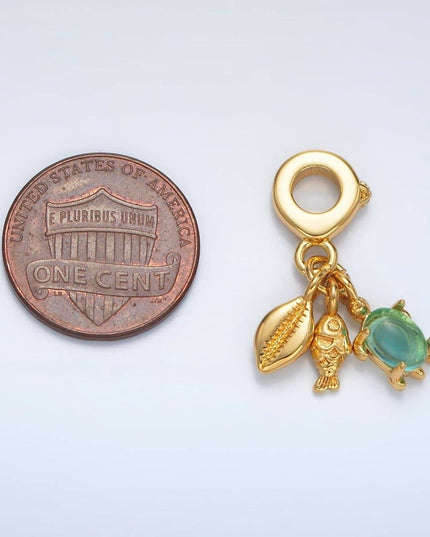 24K Gold Filled Fish Sea Shell CZ Rhondelle Bail Triple Ocean Drop Pendant | AC087