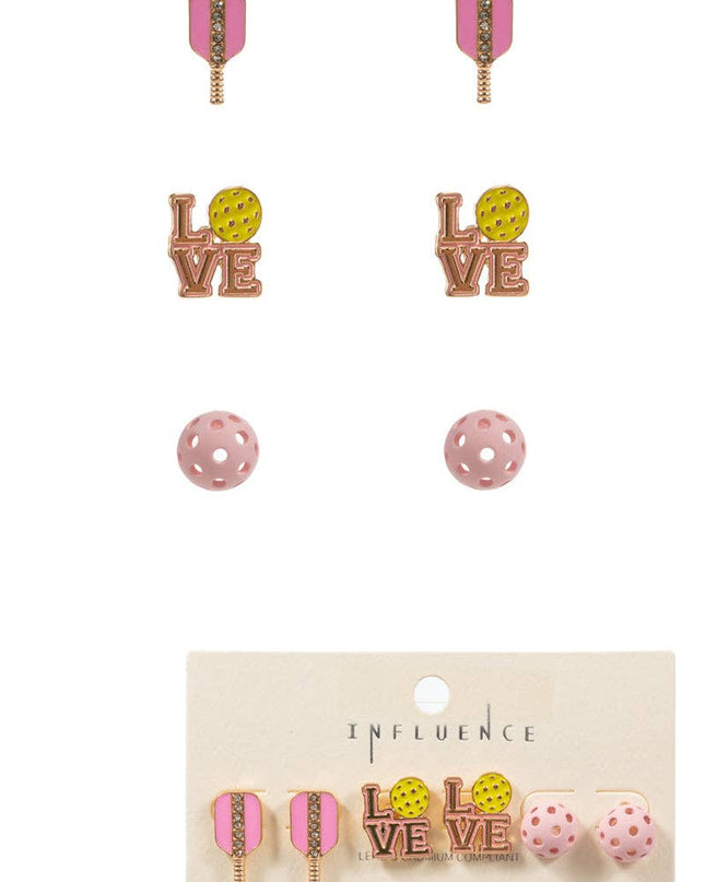 Pickleball Enamel Print 3 Set Post Earrings