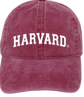 Maroon Harvard cap with white text on a white background