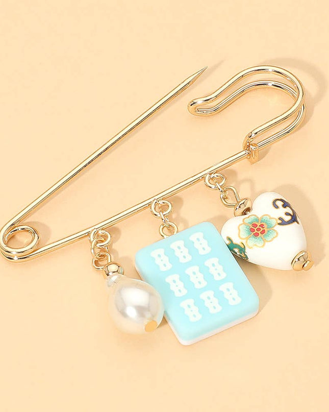 Floral Heart Mahjong Tile Pearl Charm Drop Safety Pin Brooch