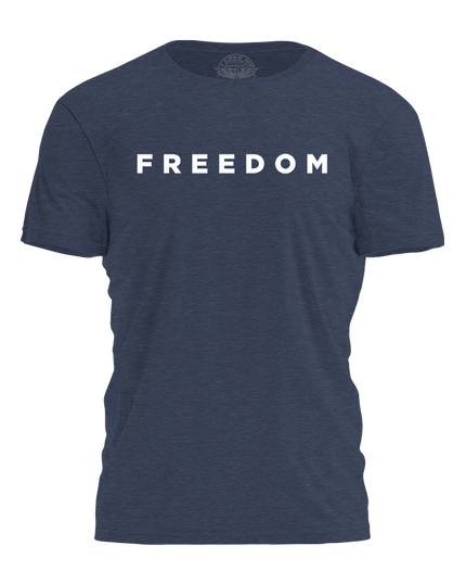 Navy blue t-shirt with 'FREEDOM' printed in white on a white background