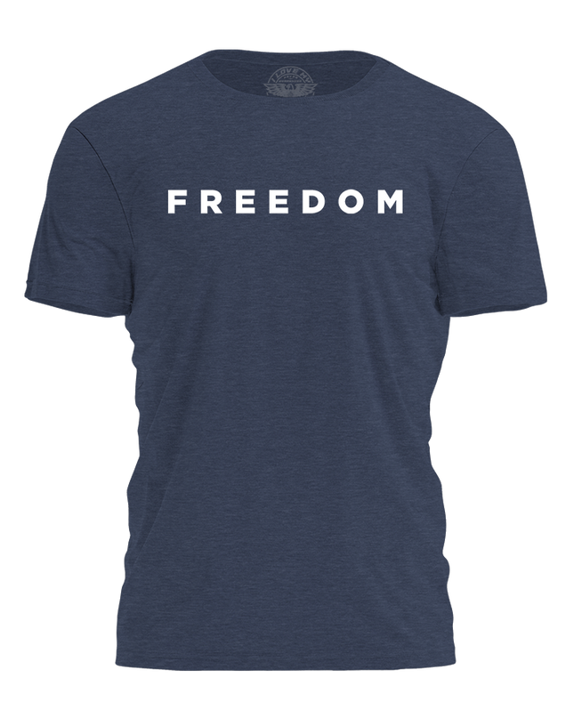 Navy blue t-shirt with 'FREEDOM' printed in white on a white background