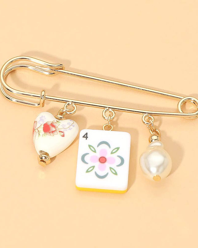 Floral Heart Mahjong Tile Pearl Charm Drop Safety Pin Brooch