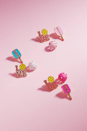 Pickleball Enamel Print 3 Set Post Earrings