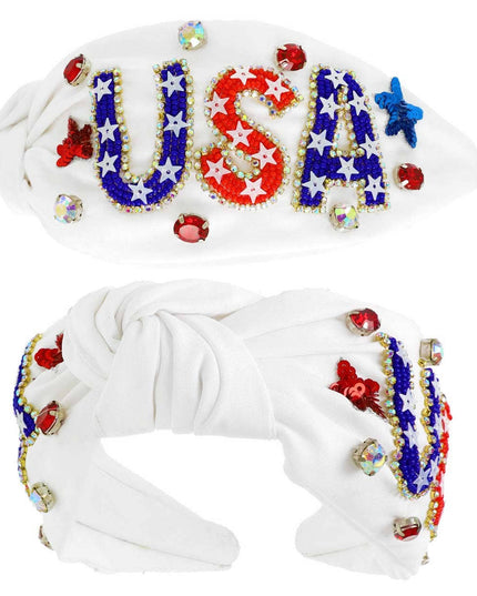 USA Patriotic Lettering Jeweled Beaded Headband