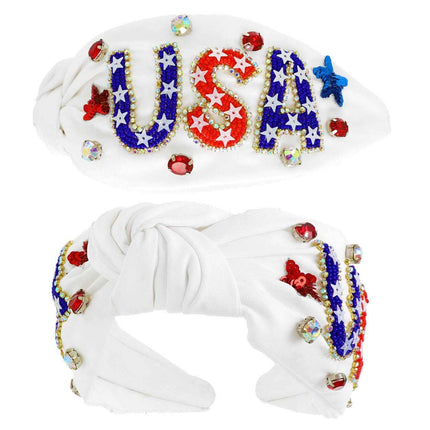 USA Patriotic Lettering Jeweled Beaded Headband