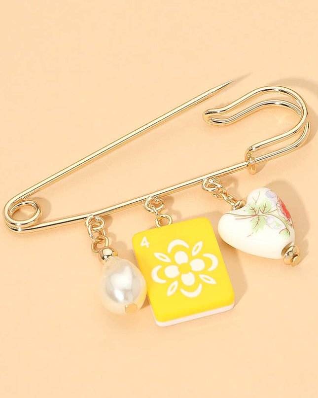 Floral Heart Mahjong Tile Pearl Charm Drop Safety Pin Brooch
