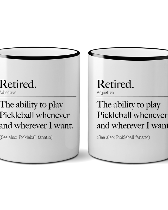 Two white mugs with black handles and text on a white background