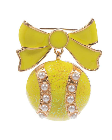 Pearl Enamel Tennis Ball Bow Pin Brooch