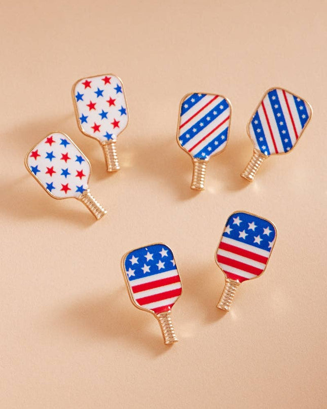 Pickleball Enamel American Flag Post Earrings