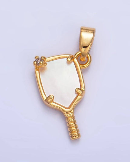 24K Gold Filled CZ Shell Pearl Pickle Ball Racket Pendant in Gold & Silver | AA1017