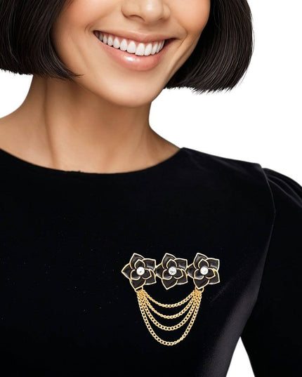 Brooch Triple Black Rose Gold Chain Pin for Women