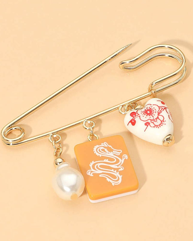 Floral Heart Mahjong Tile Pearl Charm Drop Safety Pin Brooch