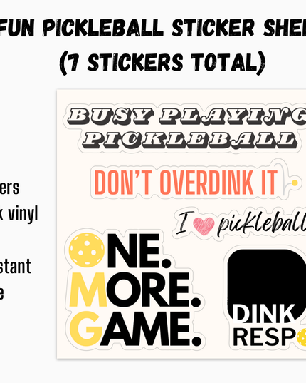 Pickleball Sticker Sheet (8" x 6", Total of 7 Die-Cut Stickers)