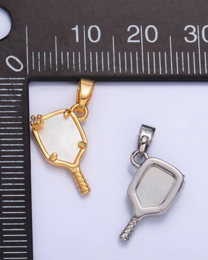 24K Gold Filled CZ Shell Pearl Pickle Ball Racket Pendant in Gold & Silver | AA1017