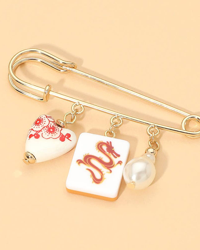 Floral Heart Mahjong Tile Pearl Charm Drop Safety Pin Brooch