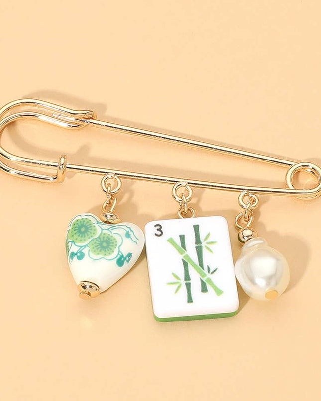 Floral Heart Mahjong Tile Pearl Charm Drop Safety Pin Brooch