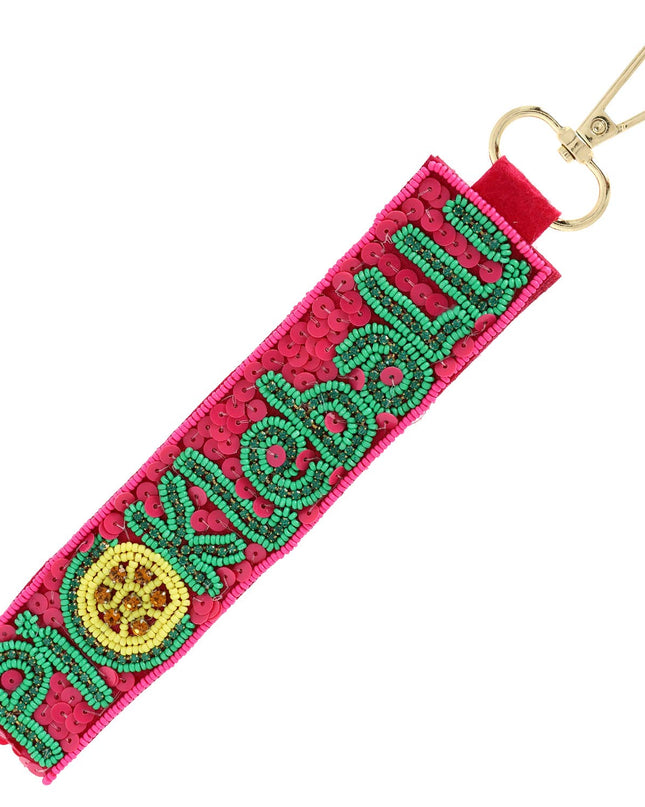 Pickleball Seed Beaded Rhinestone Keychain OJ/Grn